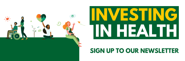 Four illustrated people sit and stand smiling. Text reads Investing in Health: Sign up for our newsletter