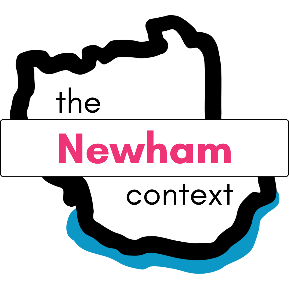 An outline illustration of Newham with the text in the middle which reads: 'The Newham Context'